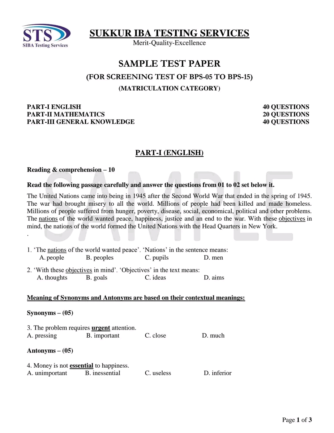 Sts matric category sample paper English MCQs 
