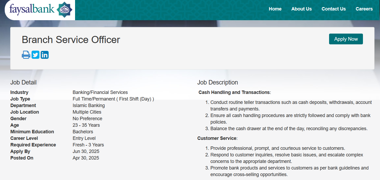 Faisal Bank Branch Service Officer jobs 2025
