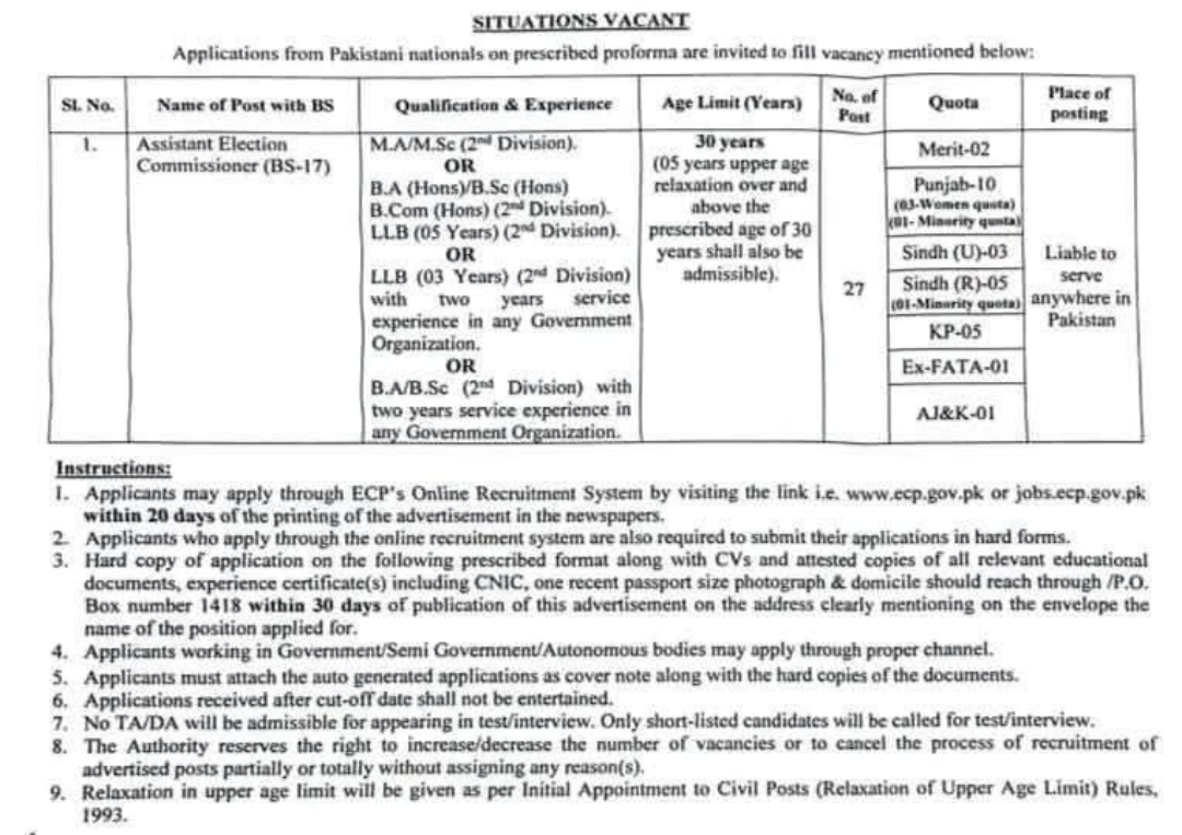 ECP Assistant Election Commissioner jobs advertisement 