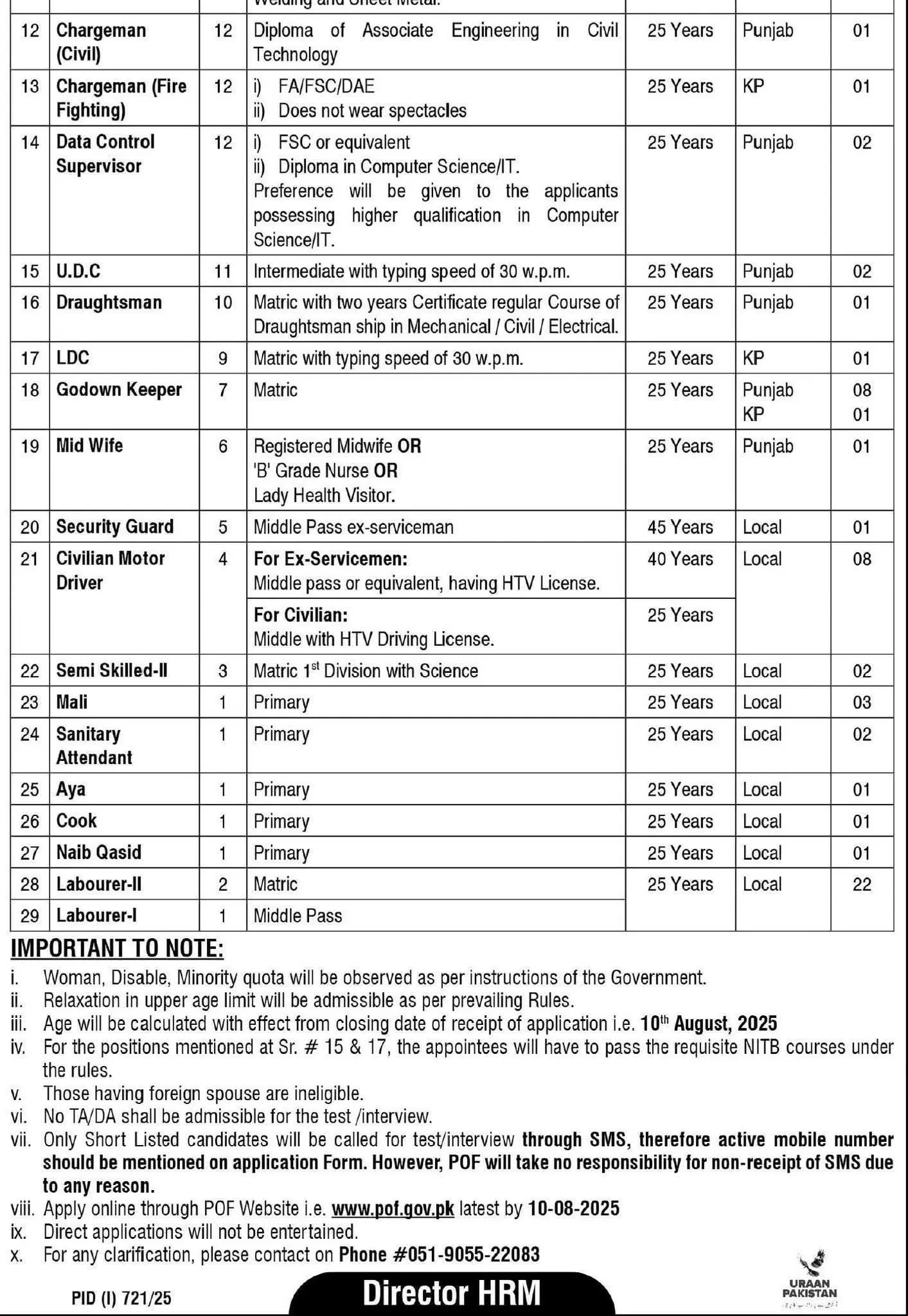 Pakistan Ordinance Factory POF Wah Cant Jobs Advertisement 