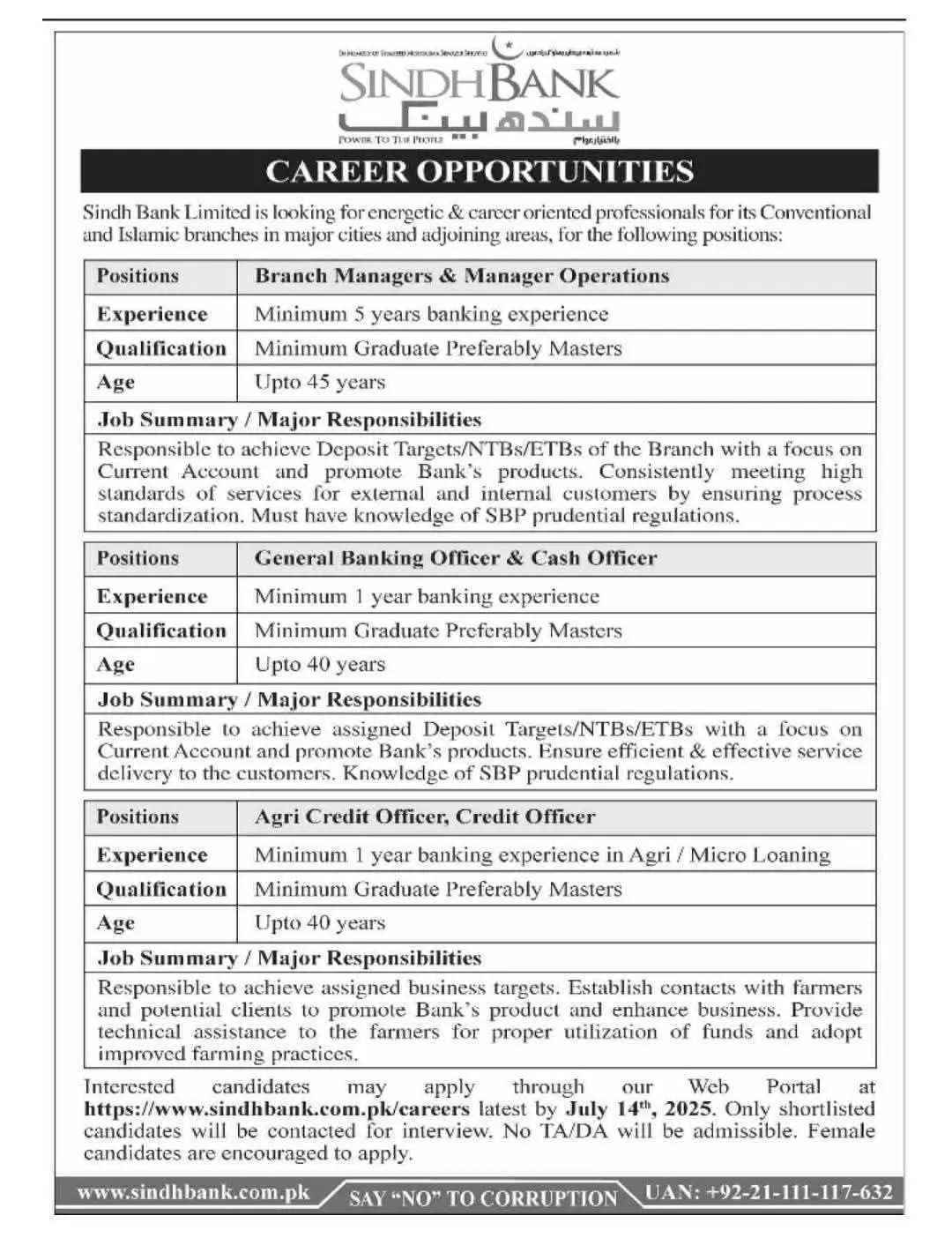 Sindh Bank Jobs Advertisement