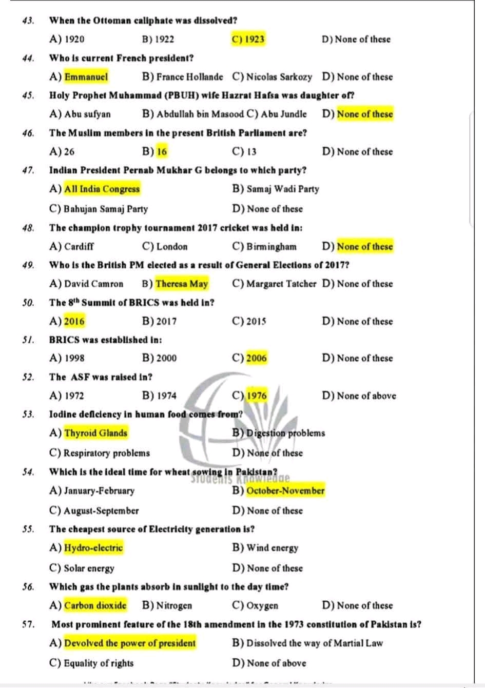 FPSC ASF Inspector past papers 
