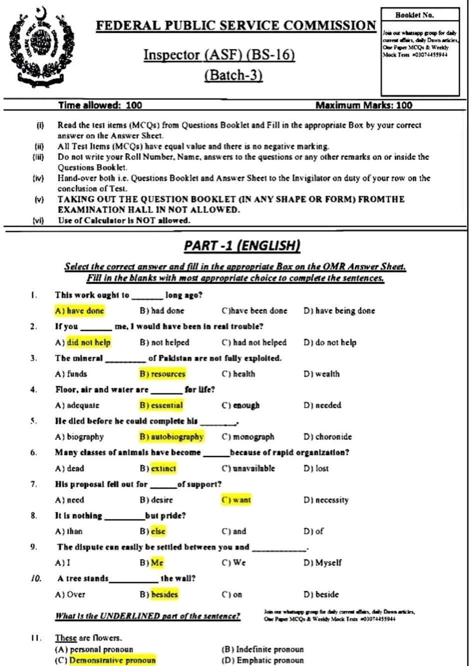 FPSC ASF Inspector past paper MCQs