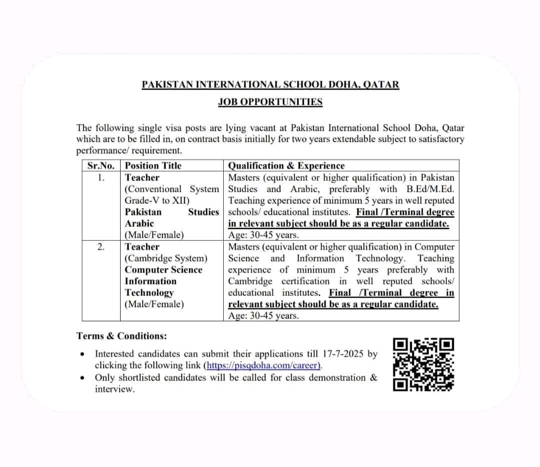 Job Advertisement for Pakistan International School Doha Qatar 