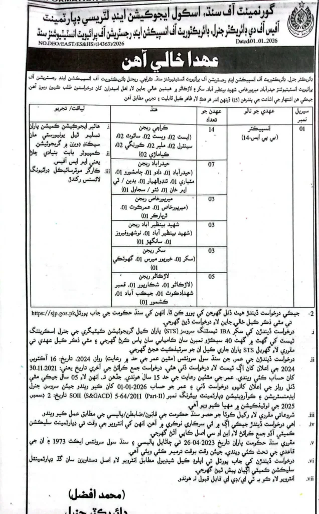 Sindh Education Department Inspector Jobs Advertisement 2026